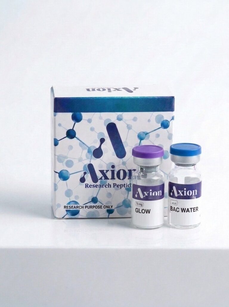 GLOW 70 mg lyophilized research peptide vial and Axion Research Peptides box