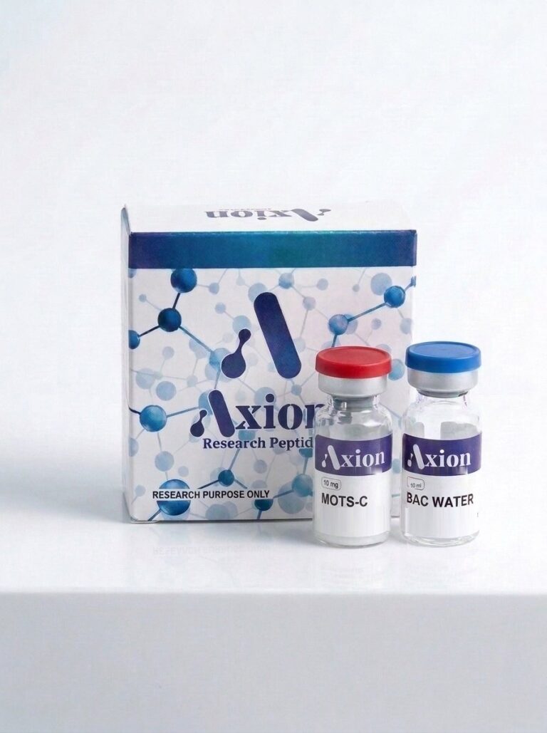 MOTS-c 10 mg lyophilized research peptide vial and Axion Research Peptides box