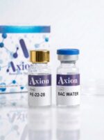 PE-22-28 10 mg vial label close-up next to bacteriostatic water, Axion Research Peptides