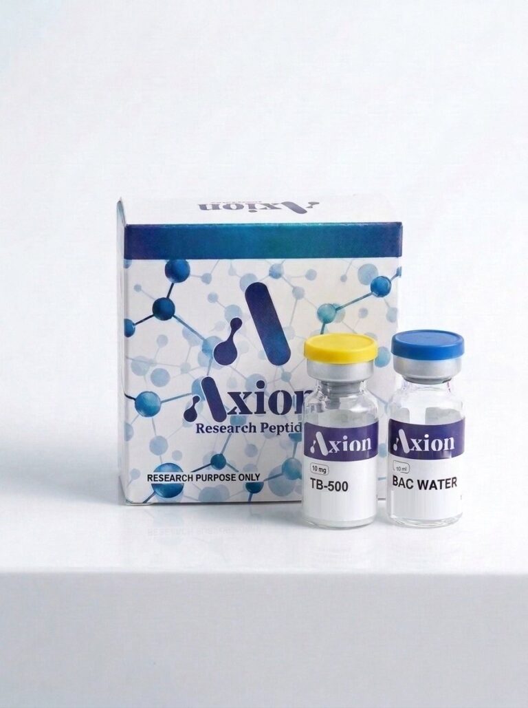 TB-500 (Thymosin Beta 4) 10 mg lyophilized research peptide vial and Axion Research Peptides box