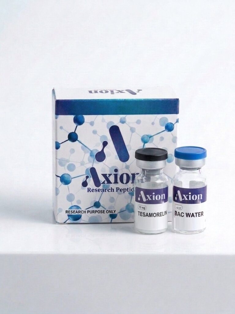 Tesamorelin 10 mg lyophilized research peptide vial and Axion Research Peptides box